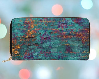 Turquoise Wallet for Women, Vintage Zipper Wallet, Elegant Large Wallet with Coin Pocket, Aesthetic Faux Leather Wallet Vegan, Gift for Her