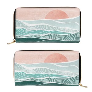Cartera Boho Sol y Mar para mujer, cartera rosa con cremallera, cartera grande con monedero, cartera estética de piel sintética vegana, regalo para ella imagen 4