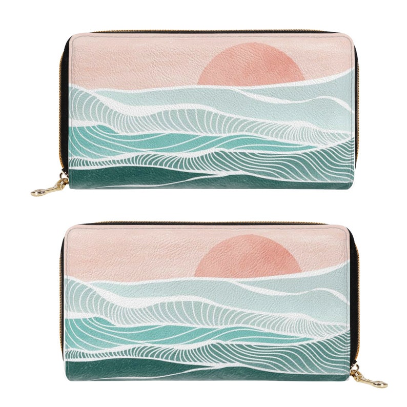Cartera Boho Sol y Mar para mujer, cartera rosa con cremallera, cartera grande con monedero, cartera estética de piel sintética vegana, regalo para ella imagen 4