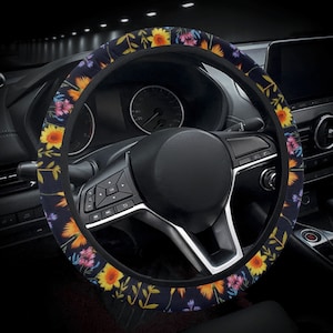 Midnight Wildflowers Steer Wheel Cover, Boho Floral Car Wheel Cover for Women, Cute Steering Wheel Cover, Aesthetic Car Decor, Gift for Her
