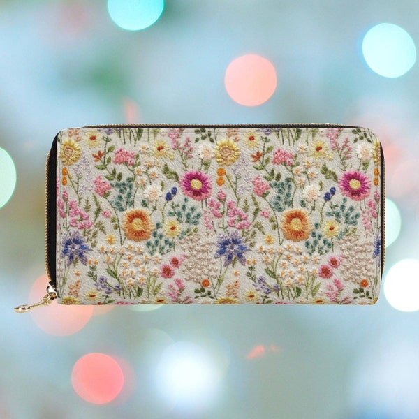 Portefeuille fleuri fleurs d'été pour femme, fausse broderie, portefeuille à fermeture éclair Cottagecore mignon, pochette pochette florale bohème en cuir végétalien, cadeau pour elle