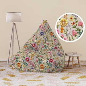 Summer Flower Bloom Bean Bag Cover Faux Embroidery, Boho Floral Bean Bag Chair Cover, Cottagecore Home Decor Gift, Living Room Furniture