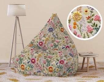 Summer Flower Bloom Bean Bag Cover Faux Embroidery, Boho Floral Bean Bag Chair Cover, Cottagecore Home Decor Gift, Living Room Furniture