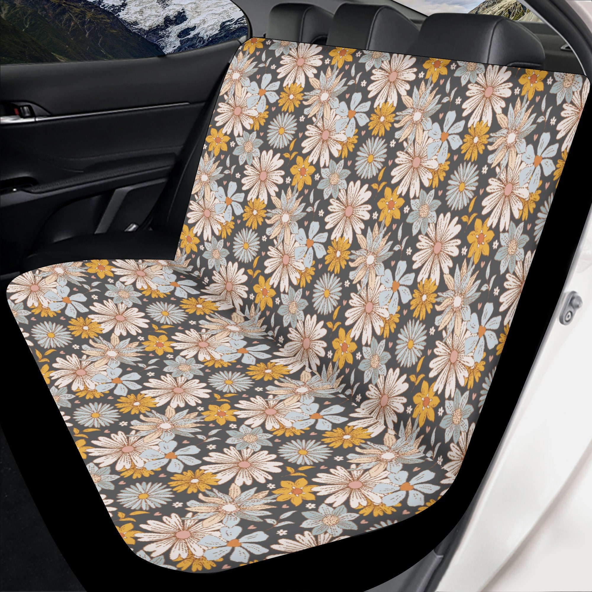 Floral Daisy Blue Car Seat Cover, Summer Flower Car Seat Covers