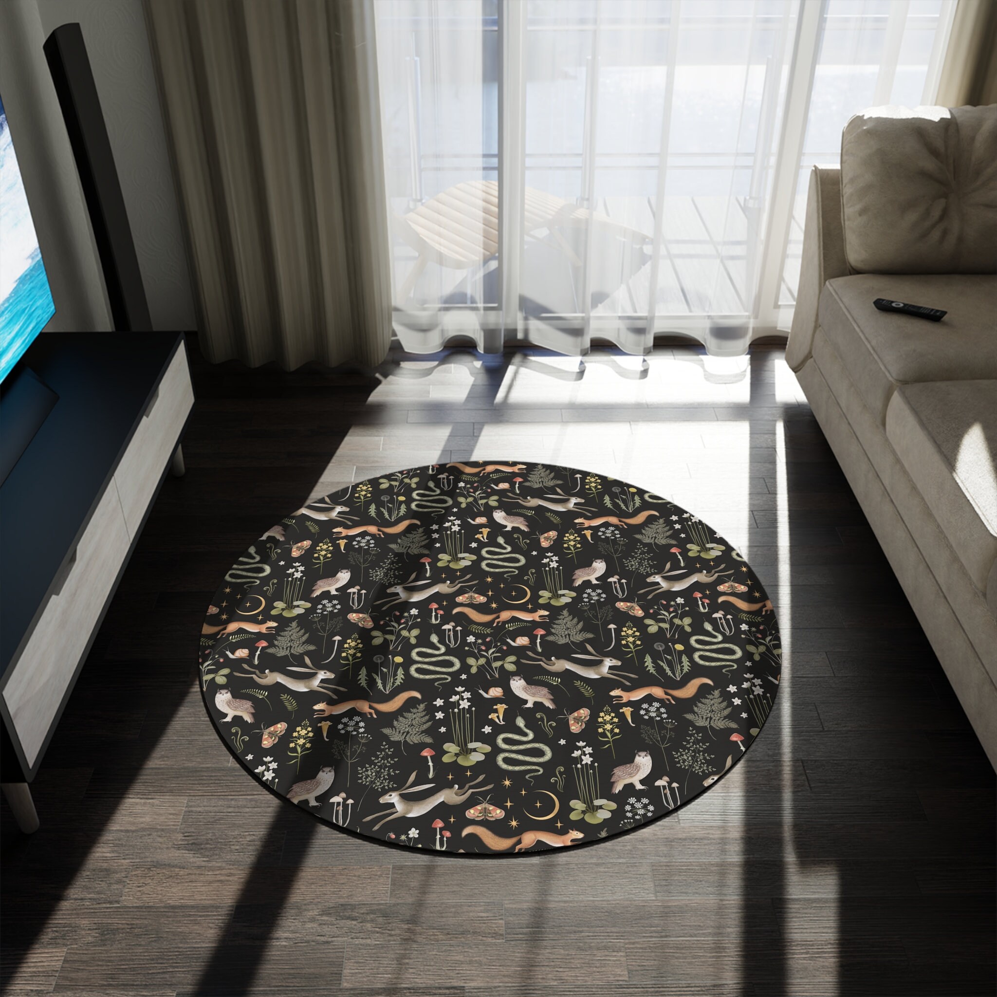 Enchanted Rug Texture Enchanted Forest Animal Round Rug, Witchy Round Floor Mat, Black Area ...