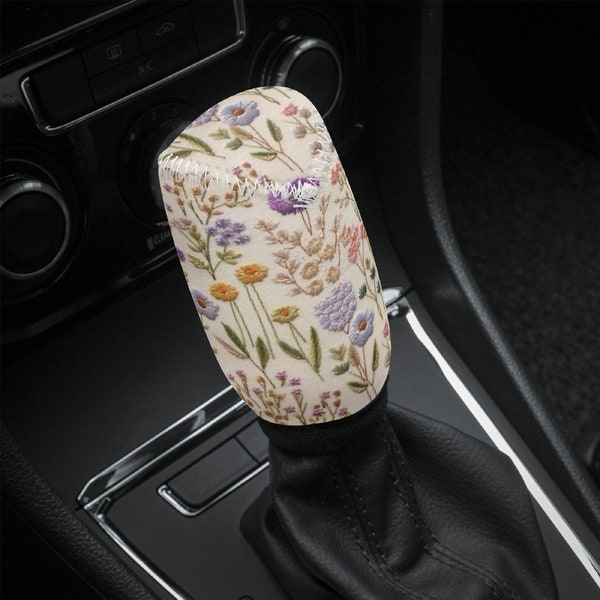 Lavender Spring Shift Knob Cover Faux Embroidery, Floral Car Shifter Gear Cover Purple, Cottagecore Car Interior Decor, Shifter Knob Cover