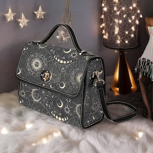 Cartable astrologie Dark Academia, sac à main végétalien céleste, sac à main en toile, sac bandoulière, cuir végétalien, sac bandoulière