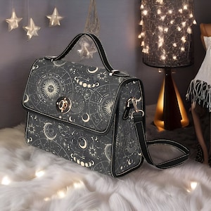 Astrology Satchel Bag Dark Academia, Celestial Vegan Handbag, Black Canvas Handbag, Crossbody Bag, Vegan Leather, Cross Body Bag