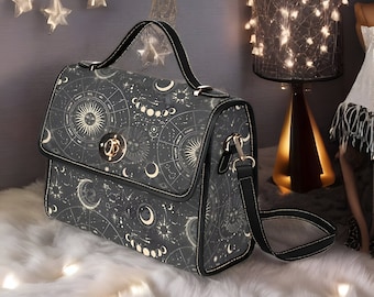Astrology Satchel Bag Dark Academia, Celestial Vegan Handbag, Black Canvas Handbag, Crossbody Bag, Vegan Leather, Cross Body Bag