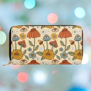 Mushroom Zipper Wallet, Women's Wallet, Cute Vegan Leather Wallet for Women, Cottagecore, Boho Witchy Purse, Large Wallet, Gift for Her
