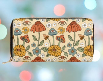 Monedero con cremallera y diseño de hongo para mujer, de piel vegana color crema con monedero.