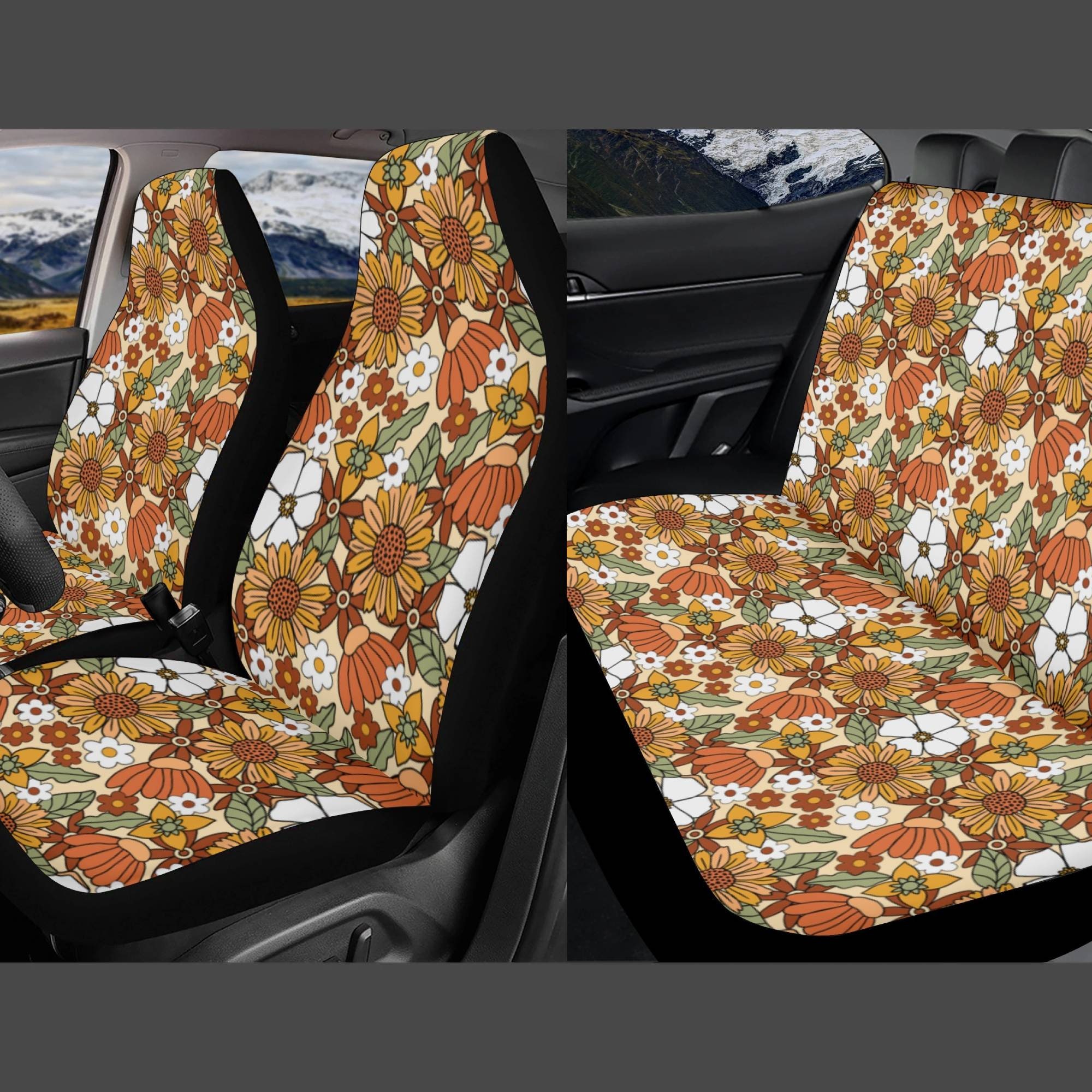 Boho Daises Floral Back Seat Covers 2 Piece for Foldable Seats Aesthetic  Car Decor Womens Car Accessories Universal Fit 