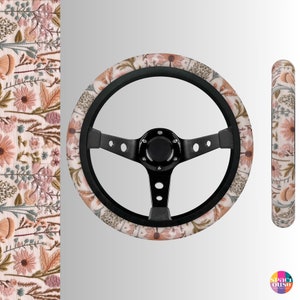 Earthy Pink Wildflowers Steering Wheel Cover: Boho Floral Cottagecore Car Decor Accessories Faux Embroidery