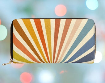 Retro Sunrise Wallet for Women, Colorful Zipper Wallet, 70s Large Wallet with Coin Pocket, Aesthetic Faux Leather Wallet Vegan, Gift for Her