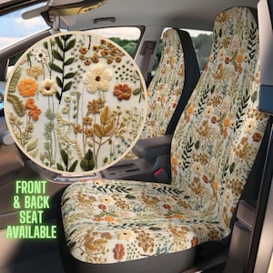 Cottagecore Flower Meadow Seat Cover for Car, Green Car Seat Cover for Vehicle Full Set, Floral Seat Covers for Women, Faux Embroidery