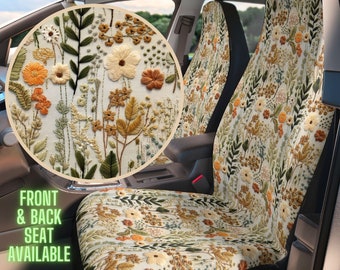 Cottagecore Flower Meadow Seat Cover for Car, Green Car Seat Cover for Vehicle Full Set, Floral Seat Covers for Women, Faux Embroidery