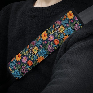 Midnight Bloom Floral Car Seat Belt Cover, Boho Floral Cute Seat Belt Cover, Cottagecore Seat Belt Pad, Car Gift for Her, Faux Embroidery