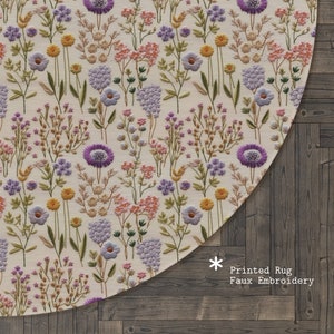 Lavender Floral Round Rug: Faux Embroidery Cottagecore Carpet