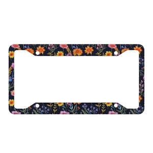 Midnight Wildflowers License Plate Frame, Cute License Plate Frames for Women, Boho Floral Car Plate, Car Gift for Her, Faux Embroidery