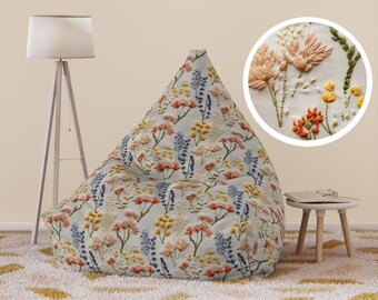 Wildflower Branches Bean Bag Cover Faux Embroidery, Boho Floral Bean Bag Chair Cover, Cottagecore Home Decor Gift, Living Room Furniture