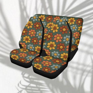 Retro Floral Smiley Face Car Seat Covers: Full Set