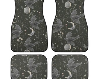 Alfombrilla de coche Lunar Raven, Alfombrilla de coche de bruja, Alfombrillas de coche góticas para mujer, Regalo de decoración de coche con estética de luna oscura, Regalo para amantes de los cuervos