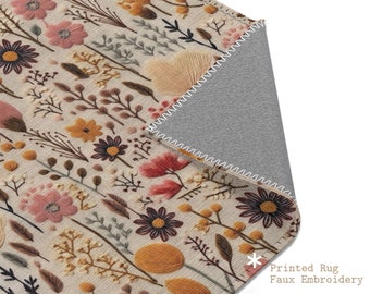 Woodland Wildflowers Rug, Colorful Floral Area Rug, Cottagecore Floor Mat Wildflower, Nursery Living Room Bedroom Kitchen, Faux Embroidery