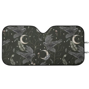 Lunar Raven Windschutzscheiben-Sonnenschutz, Witchy Sonnenschutz für Auto-Krähe, Gothic Sonnenblende für Auto-Windschutzscheibe, Dark Moon Ästhetisches Auto-Dekor-Geschenk