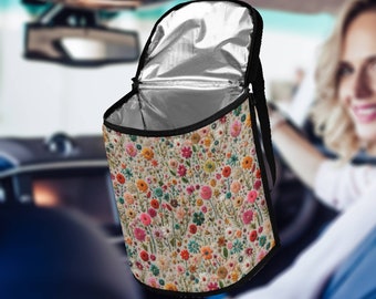 Summer Flowers Car Trash Bag, Cottagecore Car Trash Can, Waterproof Garbage Bag Leakproof, Floral Aesthetic Car Accessories, Faux Embroidery