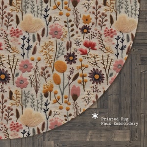 Woodland Wildblumen Runder Teppich Bunt, Rosa Bereich Teppich, Cottagecore runde Bodenmatte für Kinderzimmer Wohnzimmer Schlafzimmer Küche, Faux Stickerei