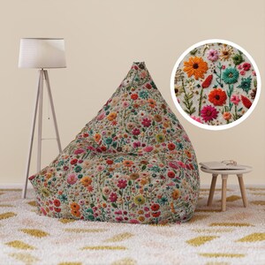 Summer Flowers Bean Bag Cover Faux Embroidery, Boho Floral Bean Bag Chair Cover, Home Decor Boho, Aesthetic Home Gift, Living Room Furniture