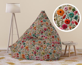 Summer Flowers Bean Bag Cover Faux Embroidery, Boho Floral Bean Bag Chair Cover, Home Decor Boho, Aesthetic Home Gift, Living Room Furniture