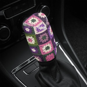 Granny Squares Pink Shift Knob Cover for Women Floral Shifter Gear Cover Cute Car Decor Gift for Her Faux Crochet Printed Not Crocheted