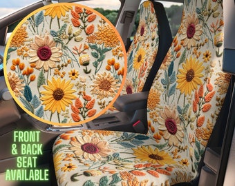 Golden Flower Clusters Seat Cover for Vehicle Full Set, Cottagecore Car Seat Cover for Women, Car Seat Cover Set, Car Decor, Faux Embroidery