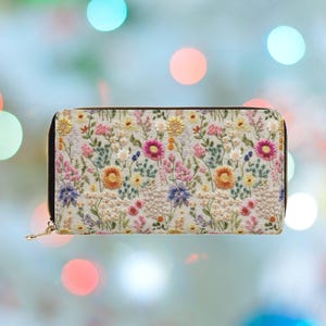 Sommer Blume Blüte Brieftasche für Frauen Faux Stickerei, Cottagecore Reißverschluss Brieftasche Niedlich, Boho Blumen Kupplung Brieftasche Leder, Geschenk für Sie