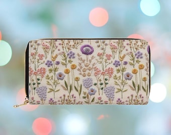 Lavender Spring Wallet for Women Faux Embroidery, Boho Floral Zipper Wallet, Cottagecore Clutch Wallet , Vegan Leather Purse, Gift for Her