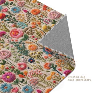 Rainbow Flower Meadow Faux Embroidery Area Rug | Colorful Cottagecore Floral Floor Carpet