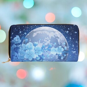 Cartera de flor de cerezo para mujer, cartera con cremallera de luna azul, cartera grande con flores y monedero, cartera vegana de piel sintética Sakura, regalo para ella.