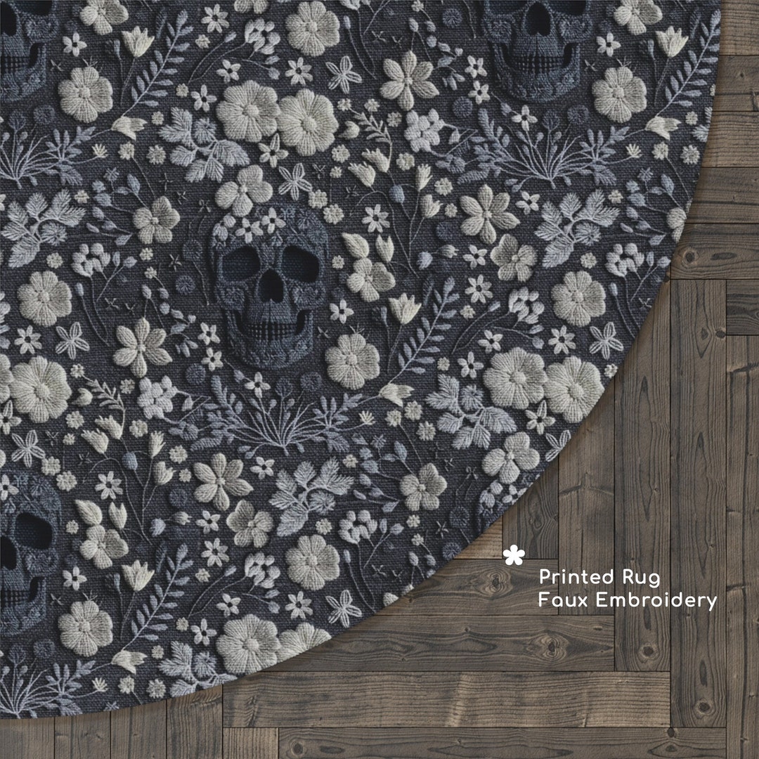 Floral Skull Round Rug Faux Embroidery, Western Gothic Area Rug, Black