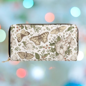 Wildflowers Moth Wallet for Women, Boho Zipper Wallet, Butterfly Clutch Wallet with Coin Pocket, Aesthetic Vegan Leather Purse, Gift for Her