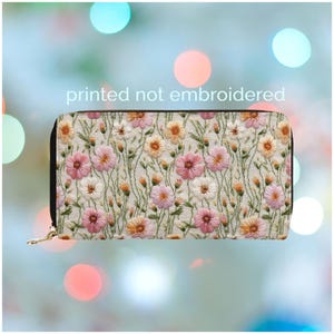 Cosmos Birthflower Wallet for Women Birth Flower Gift Oct Birth Month Flower Gift for Her Vegan Leather PU Zipper Wallet Faux Embroidery 10