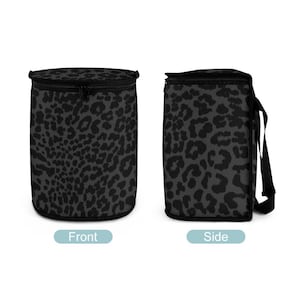 May include: A black and gray leopard print insulated lunch bag with a zipper closure and a carrying handle. The bag is shown from the front and side.