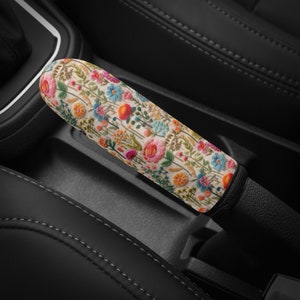 Rainbow Flower Meadow Handbrake Cover for Car, Cottagecore Car Interior Decor Cute, Boho Floral Car Decor for Women, Faux Embroidery