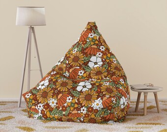 Hippie Floral Bean Bag Cover, Retro Flowers Bean Bag Chair Cover, Orange Home Decor Boho, Aesthetic Home Gift, Living Room Furniture