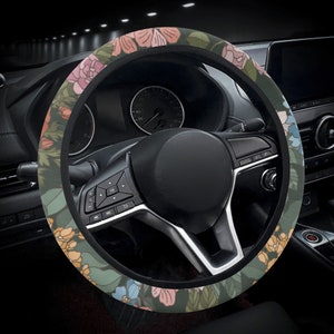 Bouquet Floral Steering Wheel Cover for Women, Boho Flowers Car Steering Wheel Cover Cute, Green Car Wheel Cover Boho, Aesthetic Car Decor