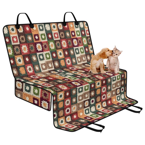Granny Square Dog Car Seat Cover, Retro Back Seat Car Cover, Faux Crochet Pet Seat Cover for Car, Dog Hammock, Aesthetic Car Decor Gift