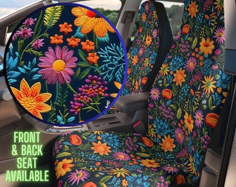 Midnight Bloom Seat Cover for Vehicle Full Set, Floral Car Seat Covers for Women, Cottagecore Car Seat Cover Set, Car Decor, Faux Embroidery