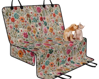 Summer Flowers Pet Seat Cover for Car, Faux Embroidery Car Bench Seat Cover, Back Seat Cover, Dog Seat Cover Hammock, Interior Car Decor