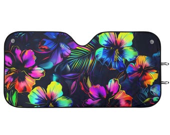 Hibiscus Neon Car Sunshade, Floral Windshield Sunshade, Aloha Car Decor, Cute Car Accessories