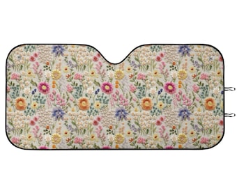 Summer Flower Bloom SunShade for Car, Floral Windshield Sun Shade, Sun Visor for Car Windshield, Faux Embroidery, Cottagecore Decor